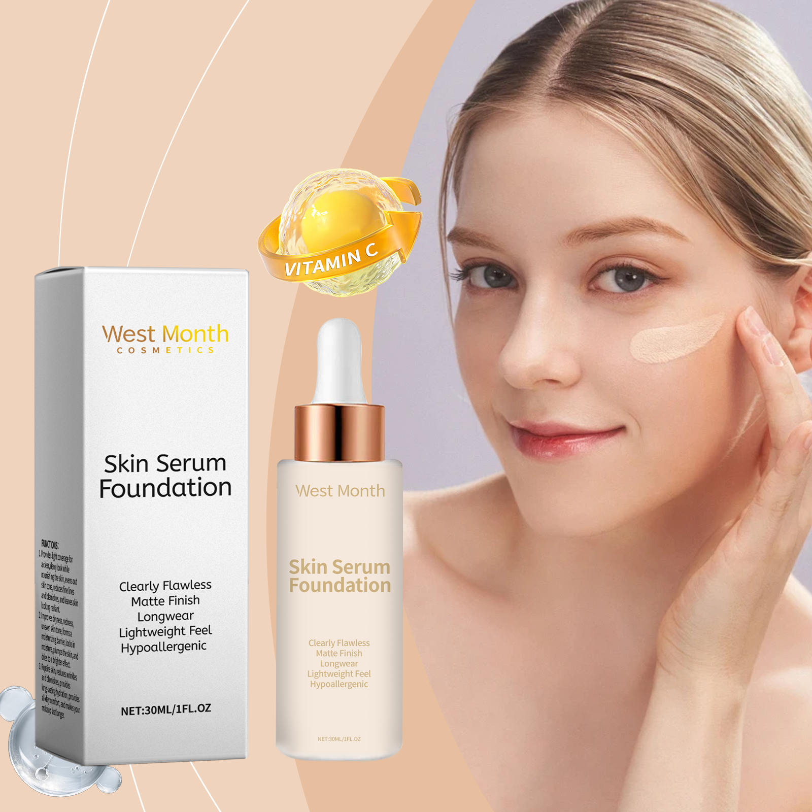 West&Month Moisturizing Liquid Foundation, Long-Lasting Long-Lasting Moisturizing Light Skin Care Liquid Foundation