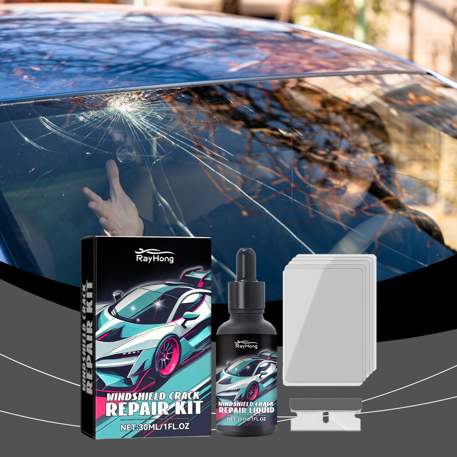 Rayhong Car Windshield Repair Drops Front Windshield Repair Fluid set for quick repair of cracks